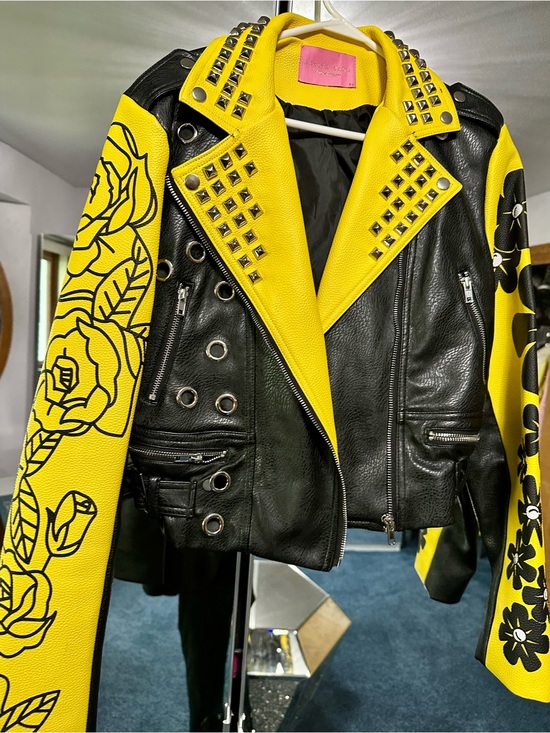 Azalea Wang Jackets & Blazers - Yellow & Black Floral Studded Leather Biker Jacket
